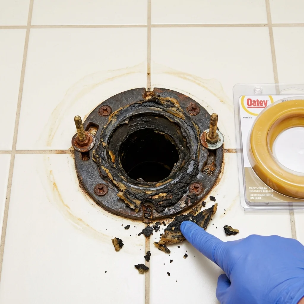 Failed wax ring showing water seepage at the base of a toilet in a Smithville, TX home